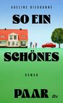 Text: „Adeline Dieudonné“, „So ein schönes Paar“, „Roman“. Illustration zeigt Haus, Familie, Baum, Auto auf grünem Grund.