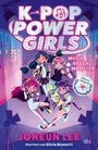 „K-POP POWER GIRLS“, „Musik gegen Monster“. Illustration von vier Mädchen mit Mikrofonen in farbenfroher, fantasievoller Szene.