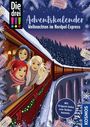 „Die drei !!! Adventskalender Weihnachten im Nordpol-Express.“ Illustration: Drei Mädchen winken aus einem Zug.