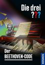 Text: "Die drei ???", "Der BEETHOVEN-CODE", "Kosmos". Illustration: Beethoven-Büste, Partituren, Klavier mit Schattenhand.