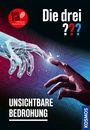 "Die drei ??? Unsichtbare Bedrohung." Illustration: Digitale und menschliche Hände berühren sich, futuristisch.