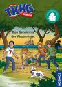 "TKKG Junior" und "Das Geheimnis der Pirateninsel". Kinder graben im Wald, ein Hund spielt, ein Schiff ist im Hintergrund.
