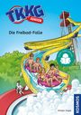 Text: "TKKG Junior", "Die Freibad-Falle", "Sicher lesen können". Illustration: Kinder auf Wasserrutsche, Hund daneben.