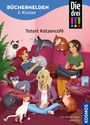 Text: "Tatort Katzencafé", "BÜCHERHELDEN 2. Klasse", "Die drei !!!". Drei Mädchen auf einem Sofa umgeben von Katzen.