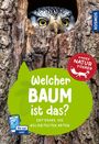 "Welcher Baum ist das? Entdecke die beliebtesten Arten" auf grünem Hintergrund, Kinder-Naturführer-Logo, Eule in Baumrinde.
