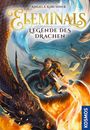 Titel: "ELEMINTALS: LEGENDE DES DRACHEN". Eine Illustration mit einem großen Drachen und einer Person in dynamischer Pose.