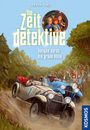 "Die Zeitdetektive: Vollgas durch die grüne Hölle" oben, Autos rasen durch Wald, jubelnde Menschen am Rand.