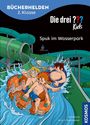 „Spuk im Wasserpark“. Drei Kinder rutschen auf einer Wasserrutsche. Ein Papagei und ein Skelett sind ebenfalls zu sehen.