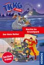 "TKKG Junior", "Nachts im Gruselpark", "Der Rote Retter", "Zwei Bände in einem", "Kosmos". Eine lebendige Illustration.