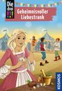 „Geheimnisvoller Liebestrank“. Illustration: Mädchen in Mittelalterkleid mit Blumen und Fläschchen. Jahrmarkt im Hintergrund.