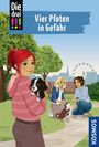 Text: Vier Pfoten in Gefahr. Illustration von drei Mädchen mit Hunden in einem Park, im Hintergrund ein Riesenrad.