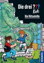 "Die drei ??? Kids: Die Rätsolvilla." Illustration: Kinder flüchten erschrocken vor grünem, geisterhaftem Wesen.