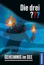 Text: "Die drei ???", "GEHEIMNIS im SEE". Illustration: Taucher mit Fackeln im Wasser. Logo "KOSMOS" am Rand.