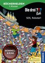 "BÜCHERHELDEN 1. Klasse", "Die drei ??? Kids", "SOS, Roboter!", "WIMMEL-KRIMI". Kinder auf Robo-Fließband.