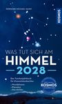 Text: "Was tut sich am Himmel 2028". Illustration eines nächtlichen Himmels mit Sternbildern und Bergen.