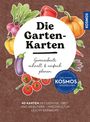 "Die Garten-Karten. Gemüsebeete schnell & einfach planen." Illustration von Gemüse und Kräutern, KOSMOS-Logo.