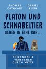 Text: "Platon und Schnabeltier gehen in eine Bar... Philosophie verstehen durch Witze." Illustration: Platon neben einem Schnabeltier an einer Bar.