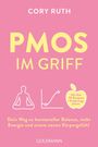 Oben: CORY RUTH. Groß: PMOS IM GRIFF. Unten: hormonelle Balance, Energie. Symbole: meditierende Figur, Diagramm, Apfel. Rosa Hintergrund.
