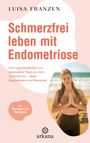 "Schmerzfrei leben mit Endometriose" – Buch von Luisa Franzen. Frau in Yogapose am Strand, Logo unten.