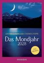 „Das Mondjahr 2028“ von Johanna Paungger und Thomas Poppe, Berglandschaft mit Mondsichel und Wasser spiegelnd.