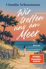 "Wir treffen uns am Meer", Claudia Schaumann. Illustration: Frau am Strandweg bei Sonnenuntergang, Fahrrad links, Meerblick.