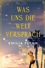 „Was uns die Welt versprach“ von Emilia Flynn. Paar tanzt unter Palmen im Sonnenuntergang.