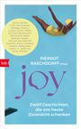 Text: "joy" von Pierrot Raschdorff. Zwölf Geschichten für Zuversicht. Grafik: Frau im gelben Badeanzug, springt ins Wasser.