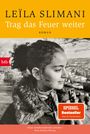 „LEÏLA SLIMANI Trag das Feuer weiter ROMAN.“ Porträt einer lächelnden Person mit lockigem Haar, im Profil.