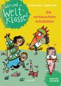 "wir sind die Welt-Klasse!", "Die vertauschten Schultüten", "ERSTES LESEN". Illustrationen von fröhlichen Kindern mit Schultüten.
