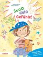 Text: Sooo viele Gefühle! Illustration: lachendes Kind im Piratenglook mit Hund. Bunte, kindliche Kritzeleien im Hintergrund.