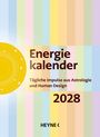 Text: "Energiekalender 2028. Tägliche Impulse aus Astrologie und Human Design. HEYNE." Illustration: Bunte Streifen, gelbes Rad.