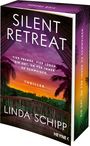 "Silent Retreat. Vier Fremde. Vier Lügen. Ein Ort, um für immer zu schweigen. Thriller. Linda Schipp. Heyne."  
Zu sehen ist ein Sonnenuntergang über Palmen.