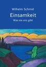 Text: "Wilhelm Schmid, Einsamkeit, Was sie uns gibt, Insel." Illustration: Bunte Landschaft mit See und Bergen.