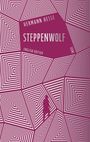 „HERMANN HESSE; STEPPENWOLF; ENGLISH EDITION; INSEL.“ Violett-weiße, hypnotische geometrische Muster mit Silhouette.