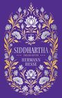 „Siddhartha“, „English Edition“, „Hermann Hesse“, „Insel“. Goldene und silberne florale Muster auf lila Hintergrund.