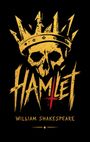 "HAMLET" und "WILLIAM SHAKESPEARE" in goldener Schrift. Schädel mit Krone, rotes Farbmuster darunter.