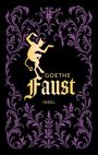 GOETHE FAUST INSEL in goldener Schrift, Illustration eines tanzenden Teufels, umrahmt von violetten Ornamenten auf Schwarz.