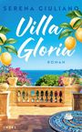 „Serena Giuliano, Villa Gloria, Roman“. Terrasse mit Zitruspflanzen, Bougainvillea, Meerblick und Kaffeetasse auf Mosaiktisch.