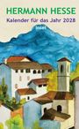 HER MANN HESSE Kalender 2028 Insel. Illustration einer malerischen Landschaft: weiße Gebäude, rote Dächer, blauer Berg.
