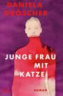 "Junge Frau mit Katze" und "Daniela Dröscher" sind auf einer abstrakten Illustration mit lila und roten Farbtönen zu sehen.