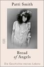 „Patti Smith“, „Bread of Angels“, „Die Geschichte meines Lebens“. Schwarzweißbild einer Frau in einem Kleid mit Blumenkranz.