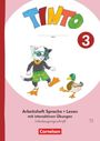 Text: TINTO, Name, 3, Arbeitsheft Sprache • Lesen mit interaktiven Übungen, Schulausgangsschrift, Cornelsen. 

Illustration: Eine Katze mit Taucherbrille, Flossen und Schwimmreifen neben einer Ente.
