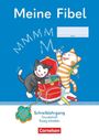 "Meine Fibel", "Schreiblehrgang", "Grundschrift flüssig schreiben", "Cornelsen". Zwei Katzen und ein Schulranzen.