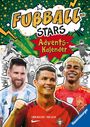 „Fußball-Stars: Alles über Fußball. Advents-Kalender.“ Comic-Stil mit drei Spielern: zwei fröhlich, einer jubelt.