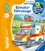 Titel "Einsatzfahrzeuge". Illustration eines Rettungswagens und Feuerwehrautos. Tiptoi-Logo und Hinweis für 2+ Jahre.