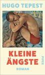 "HuGe TEPest", "Kleine Ängste", "Roman", "Piper". Gemälde: Mann in roter Badehose am Strand, sitzt nachdenklich.