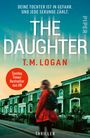 „DEINE TOCHTER IST IN GEFAHR. UND JEDE SEKUNDE ZÄHLT. THE DAUGHTER T.M. LOGAN. Sunday Times-Bestseller aus UK. THRILLER.“ Eine Frau mit rotem Mantel auf einer Straße vor einer Häuserreihe.