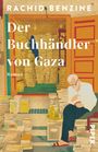 "Der Buchhändler von Gaza" von Rachid Benzine, Roman. Illustration eines Mannes, der auf einem Bücherstapel sitzt und liest.