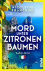 "MORD UNTER ZITRONENBÄUMEN" oben, unten Capri-Meer und Faraglioni-Felsen, gelber Rand mit Zitronen, "PIPER" seitlich.