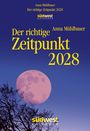 "Der richtige Zeitpunkt 2028" in gelber Schrift. Rosa Mond über Baumkronen auf blauem Himmel.